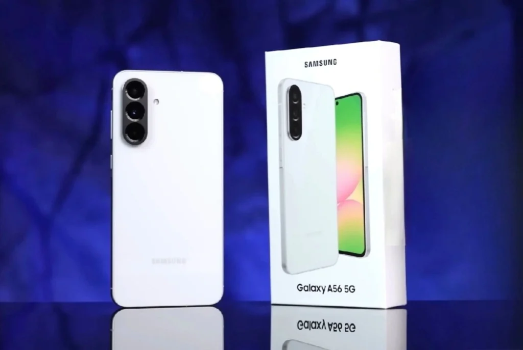 Samsung Galaxy A56 smartphone with box.