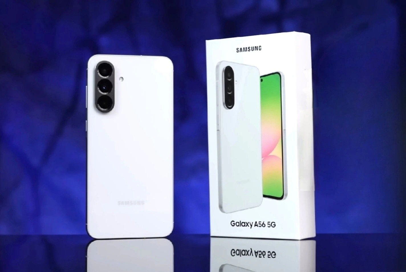 Samsung Galaxy A56 smartphone with box.